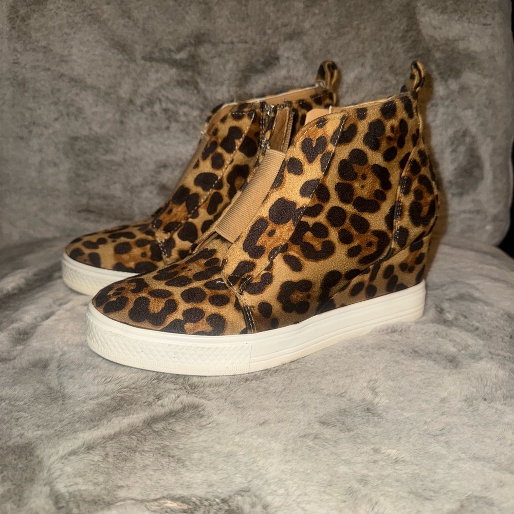 Leopard Print Hidden Wedge Slip-On Sneakers - Tan/Black